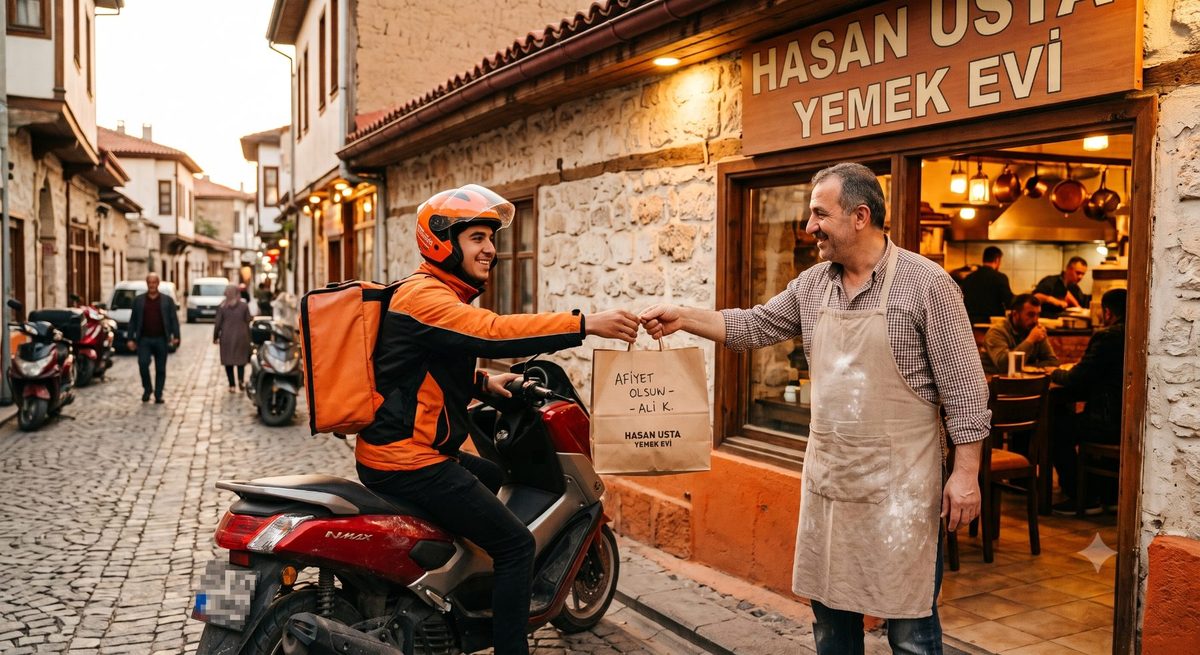 Restoran çalışanı kuryeye paket siparişi teslim ediyor (temsili görsel)